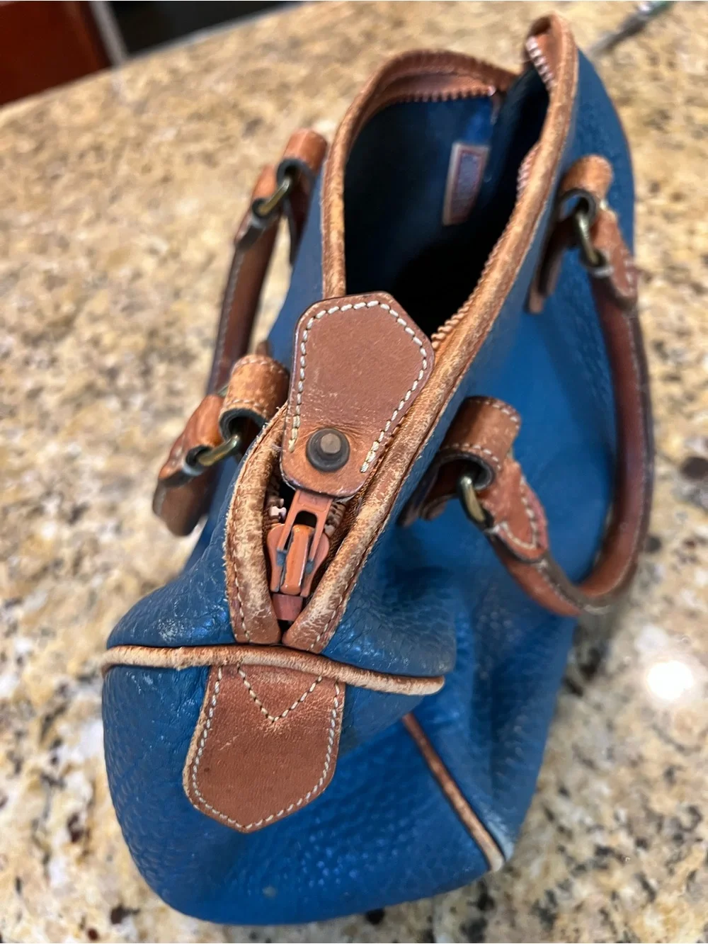 Vintage RARE Dooney & Bourke French blue All Weather Leather bag with Brown Trim
